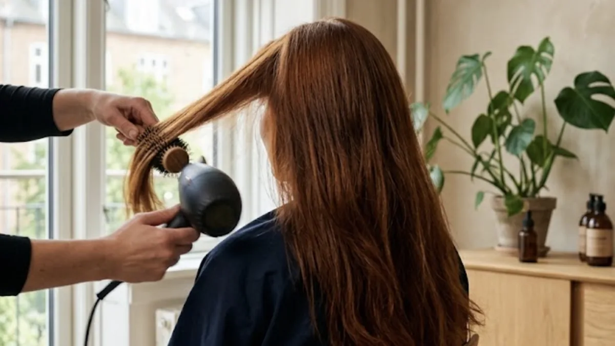 Blow-dry cu peria rotundă pe păr proaspăt vopsit, arămiu și lucios