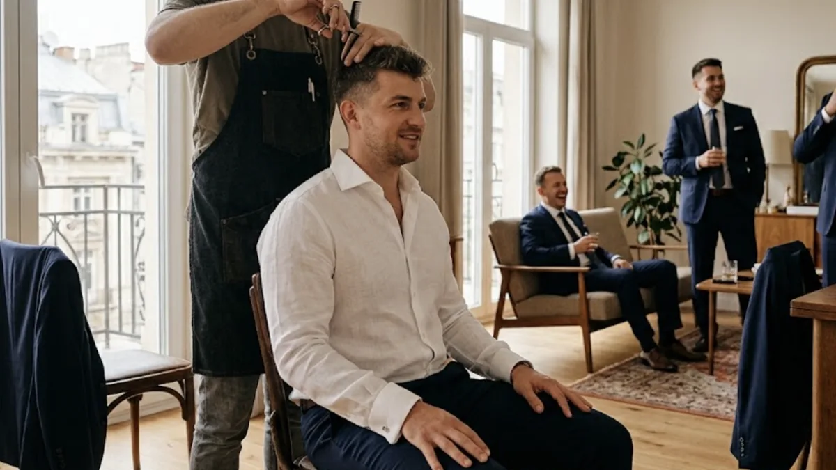 Groom getting a haircut at home on the wedding morning, with groomsmen in the background