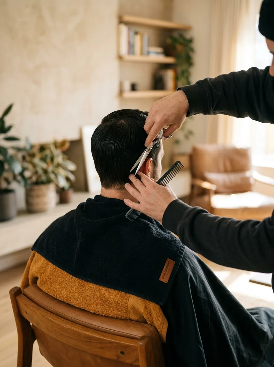 Tuns bărbați la domiciliu în București — barber tunzând un client acasă