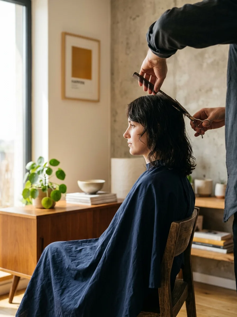 Tuns femei la domiciliu în București — coafor tunzând o clientă acasă